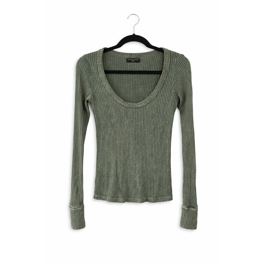 Michael Lauren Ribbed Scoop Neck Long Sleeve Top Olive M